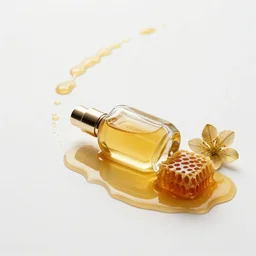 perfume bottle lying in a golden puddle of rich honey, honeycomb, and gold lillies, path traced, environment, up close shot, zen white minimalist background