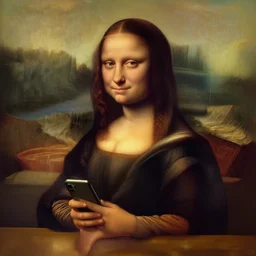 portrait of a long - haired woman with a cellphone sitting upon a table with heightened detail, poised, intense emotion, detailed facial expression, detailed surroundings, intricate, elegant, highly detailed, centered, digital painting, artstation, concept art, smooth, sharp focus, illustration, by ( leonardo da vinci ), wlop