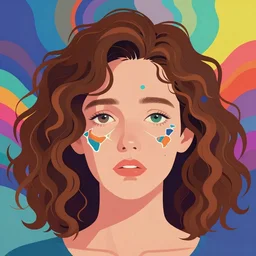 a colorful vibrant closeup portrait of a simple caucasian plant woman with curly mid length brown hair with a calm afraid aesthetic face broken reflections dreamy vibes and dreaming psychedelic hair, by kawase hasui, moebius, edward hopper and james gilleard, zdzislaw beksinski, steven outram colorful flat surreal design, hd, 8 k, artstation