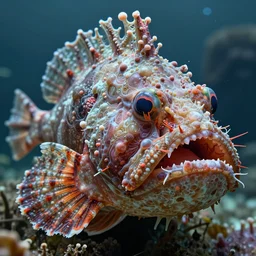 high resolution displacement wrapped translucent morphed amphibia face, morphing bacteria merged head scales muscular body face molecules, normal map morphed gills, flowing merged wobbegong bump map fins of scorpionfish, morphing bodies strong strongest muscles merged with muscular body