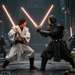 Jedi vs Sith fighting a Jedi, 4k, depth of field, unreal engine, vray render, hyperrealistic, photorealistic
