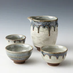 a japanese handmade dinnerawear set, drips, dripping glaze, glazed clay, crazed glaze glaze drips, artistic, exquisite, zen,