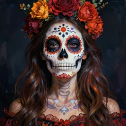illustration of a sugar skull day of the dead girl, art by georges seurat