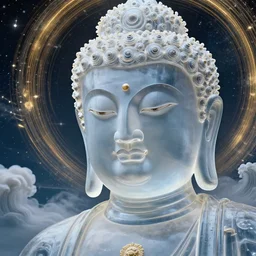 a geof darrow and victo ngai art work. a close up view of a clear face sci - fi chinese buddha statue. waves of stars and clouds. ultra clear detailed. golden spiral