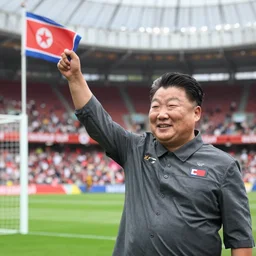 Kim Jong-Un celebrating scoring the winning goal for North Korea in the World Cup Final, propaganda poster, soccer, football, FIFA, sport, dramatic lighting
