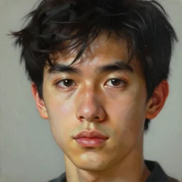 A beautiful close-up of a young man with black hair, digital art by Edward Hopper, vibrant color scheme, highly detailed, in the style of romanticism, fine Art, high detail, great lighting, 8k resolution, masterpiece, concept art, illustration, clear eyes, soft lighting, soft details, painting oil on canvas, octane render, HDR, trending on artstation, 4k, 8k, HD