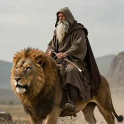 hooded wise old man long white beard wearing a brown tunic riding on lions back, epic digital art trending on artstation, superb detail 8 k masterpiece