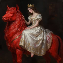 woman in love sit upon a scarlet coloured beast, pain, royal dress, light effect, hyper detailed, intricate, atmospheric, elegant, highly detailed, digital painting, artstation, concept art, matte, sharp focus, illustration, by james jean, andrei riabovitchev, marc simonetti, yoshitaka amano