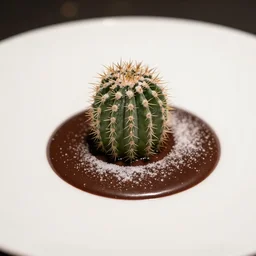 a fine dining dessert plate of spiky cactus and chocolate sauce, sugar sprinkled, food photography, michelin star, fine dining, bokeh