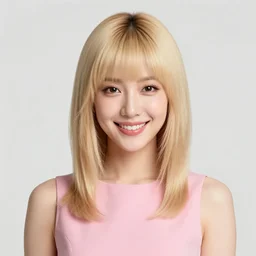 digital art portrait of a happy woman with bangs and blonde hair wearing a pink dress
