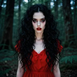 in the style of joshua middleton, artgerm, symmetrical face, evil dead demon, pretty alyson hannigan, evil dead demon, evil dead movie, red dress, symmetrical eyes, symmetrical eyes, long curly black hair, trees, symmetrical eyes, forest, evil dead, forest, cinematic lighting, evil dead, artgerm