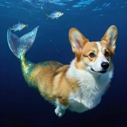 hyperrealist photo of floating corgi mermaid underwater dark ocean, blue lighting, floating fish by freud by victo ngai and alphonse mucha very detailed faces