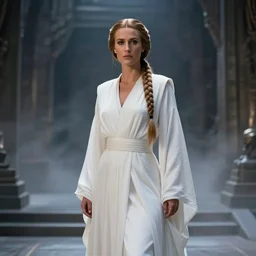 film still of paris hilton as princess leia in star wars movie, long braided hair pulled back, wearing long white robe in a sith temple, deep focus, glamour pose, dramatic lighting, octane, mist, steve mccurry, volumetric lighting, 8 k
