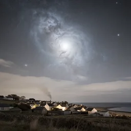 a beautiful double exposure of the astronomy picture of the day, nebula, with a rural seaside village landscape at night, soft white light, muted, neutral light, light blue tones, chimney smoke, long exposure clouds, unreal engine, anamorphic, cinestill cinematography