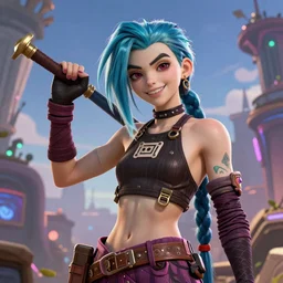 A beautiful 2d masterpiece of Jinx, from Arcane, digital art, exquisite detail, post-processing, photoshopped, low angle, octane render, unreal engine, realistic, cinematic, trending on ArtStation