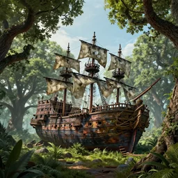 A derelict pirate ship grounded in the treetops of giant oaks, game art matte painting hyperdetailed, artstation, cgsociety, 8k, surreal dream landscape
