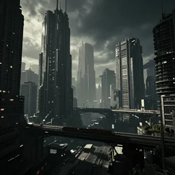 a gloomy cyberpunk city, massive buildings and bridges, in the style of blade runner, rich contrast, realistic, Cryengine 8k UHD