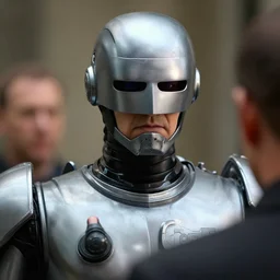 robocop arresting humans, detailed facial expression
