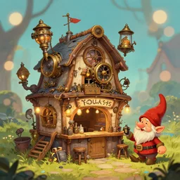 A cheerful gnomish steampunk tavern, by Greg Rutkowski and James Gurney, bokeh, trending on Artstation