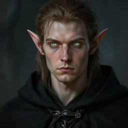 Portrait of an elf in a black cloak with glowing eyes, detailed face, fantasy, highly detailed, cinematic lighting, digital art painting by greg rutkowski