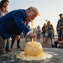 donald trump slamming pudding onto citizens, citizens soaked with pudding, golden hour, boardwalk, professional photography