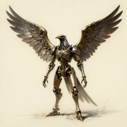 distant full - body drawing of a tin mechanical wings and bird head, concept art by ian miller, artstation, sots art, steampunk, concept art, da vinci, greg rutkowski