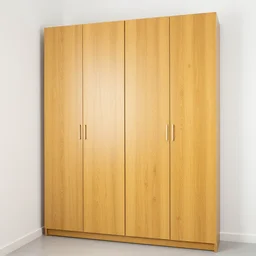 four - door wardrobe, symmetric door, height 2 0 7 cm, width 2 4 0 cm, wood - like laminate golden oak, white walls in the room, closed