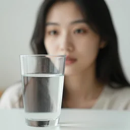 in the foreground is a transparent glass of water, in the background is the face of a beautiful girl, 4 k photo with sony alpha a 7 by unknown photographer.