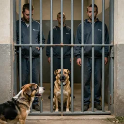 prison cell with prisoners inside, dog outside the cell holding a key in the mouth, realism