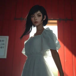 a young woman in!! the shadow! of a red barn!. black hair, white! dress, sharp focus, wide angle, digital art by eddie mendoza, final fantasy, radiant light, trending on artstation