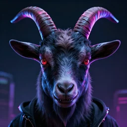 synthwave demonic scary goat face with neon horns, detailed face, sharp focus, synthwave art, aesthetic, octane render, raw, cinematic