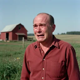 A crying man, near farm, outdoors, photograph, f2.8, dramatic, balding hair, redneck, film grain, large format, 1950