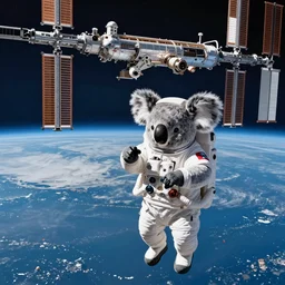 astronaut koala fixing the international space station with the earth in the background, wide shot, panoramic view, 8 k