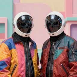 two models in plastic space masks wearing baggy colorful 9 0 s rick owens jackets. painted by frank frazetta. sci fi book cover. pastel brutalist background.