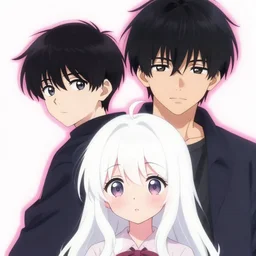 anime style world with pink edge around characters a salir girl with white hair with big eyes and cute style with his brother a cool tall guy witch black hair - n 9