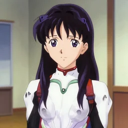 close portrait. interior bg. screenshot of a scene in neongenesisevangelion of miss katsuragi misato painted by norman rockwell. character designed by hideaki anno. long shoulderlength wavy! dark purple hair. 1 9 9 0 s attire. composition. digital. lighting by james gurney. trending on artstation. masterpiece.