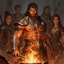 stunning smith portrait, muscular, bearded, fire, iron, fantasy, intricate, elegant, highly detailed, digital painting, artstation, concept art, smooth, sharp focus, illustration, art by afshar petros and krenz cushart and artem demura and alex alice and tony sandoval