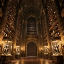 interior of massive underground library in anime style, castlevania, fantasy architecture, triple height, ancient elven style, magical items on shelves, magical armor display cases, very bright candle and torch lit, cinematic, hyper detailed, octane render, 8k, trending in artstation