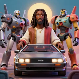 stylish 3 d vfx - portrait - movie poster - art of an african jesus christ in a delorean surrounded by mecha robots, art style by james jean & hsiao - ron cheng, unreal engine render, digital illustration, sharp, intricate detail, volumetric lighting, ray tracing, soft light, colourful, claymation style, drew struzan style, symmetry, ernie barnes style,