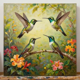a beautiful painting of humming birds on a tree in brazil surrounded by colorful flowers in the style of martin johnson heade, painterly, beautiful artwork, famous painting!