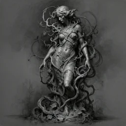 charcoal painting of a sculpture, distorted, vines, abstract, creepy, intricate, elegant, highly detailed, ray tracing, digital painting, artstation, concept art, sharp focus, illustration, art by artgerm and greg rutkowski and alphonse mucha, 8 k