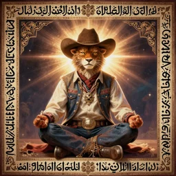scruffy cowboy sitting in lotus position, persian folkore artstyle, calligraphy border