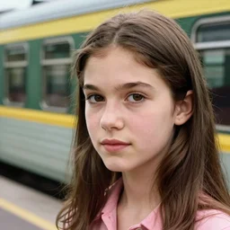close up portrait of a lone girl waiting for the train, 70s, defined facial features, stanley kubrick the shinning, vibrant colors americana, cinematic, volumetric lighting, god rays, sunset, realistic, photorealism, highly detailed, digital art, illustration, screenshot from the anime by studio ghibli