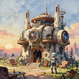 stylized, exterior, architecture, in watercolor gouache detailed paintings, arcane, insanely detail, small robot, artstation, 8 k, futuristic, big medium small, simon stalenhag, props, furniture and decor, octane render, cinematic, screenshot, sunset.