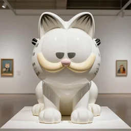beautiful gallery show studio photograph of a giant realistic geometric ceramic sculpture of a cat!!!!, garfield, heavily glazed by bridget riley and victor vasarely, placed on a polished wooden table, colorful hyperrealism 8 k trending on artstation