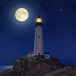 a fantasy lighthouse stands on a high cliff, it's a starry night, the full moon is high in the sky, dark but beautiful colors, drawn by krenz cushart