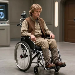 cinematic still image screenshot luke skywalker in cybernetic wheel chair, from the tv show on disney + anamorphic lens, 3 5 mm film kodak from empire strikes back 1 9 8 3