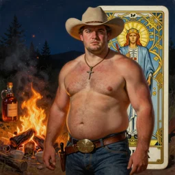 a dramatic, epic, ethereal painting of a handsome thicc shirtless cowboy beer belly | background is a late night campfire with food and jugs of whisky | tarot!! card, art deco, art nouveau | by Mark Maggiori | trending on artstation