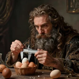 Pensive Wizard examines eggs with calipers, by Krenz Cushart