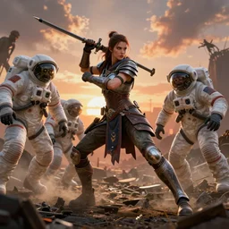 a beautiful warrior princess in battle against zombie astronauts, wide angle action shot, designed by ralph mcquarrie and moebius, octane render, intricate detail, hdr, 8 k, volumetric lighting, sunset apocalypse background - 9 6 0